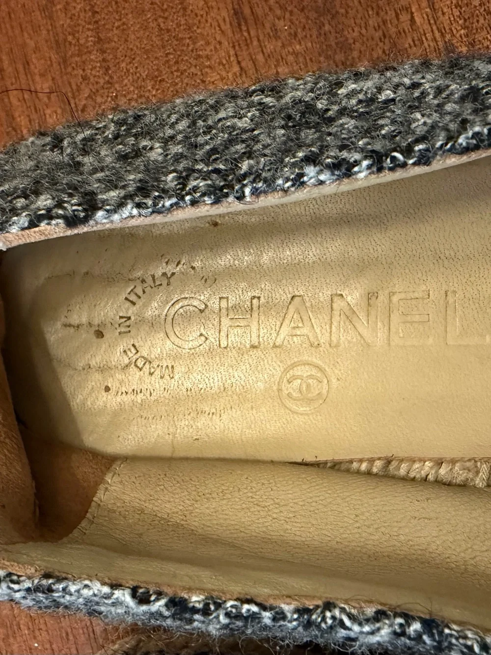 CHANEL Gray Bouclé Espadrilles with Black CC Trim